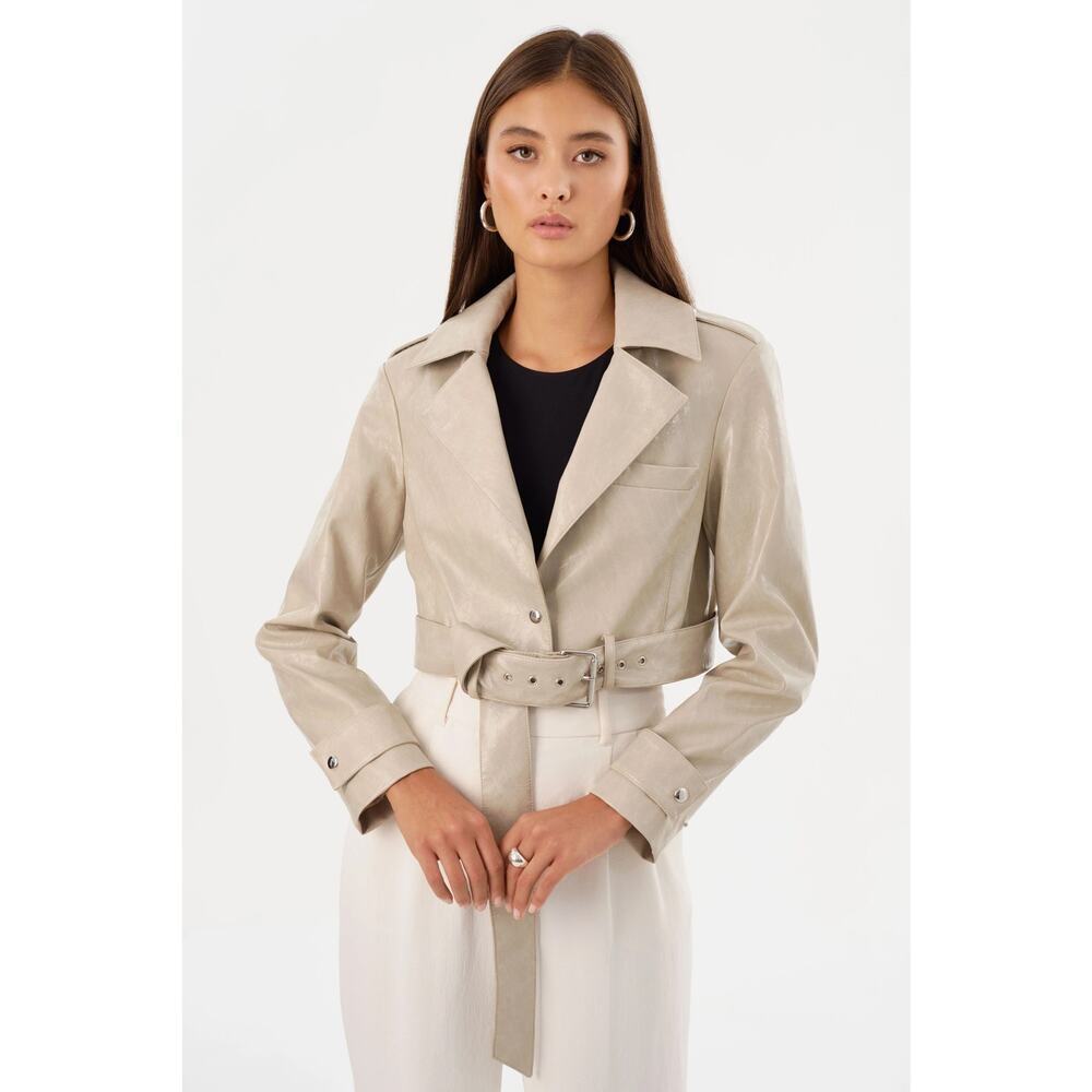 Lamarque Women's Katija Faux Leather Chic Cropped Coat Belted Waist Snap Closure